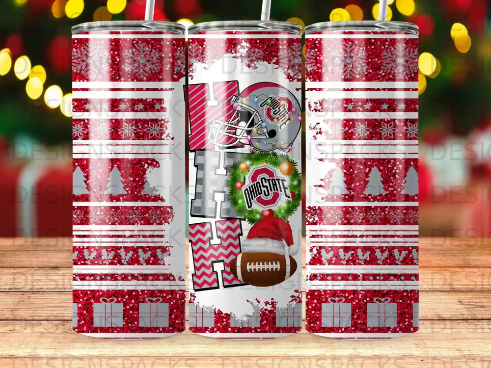 Ho, Ho, Ho tumbler with Ohio State Buckeyes logo and snowflake design.