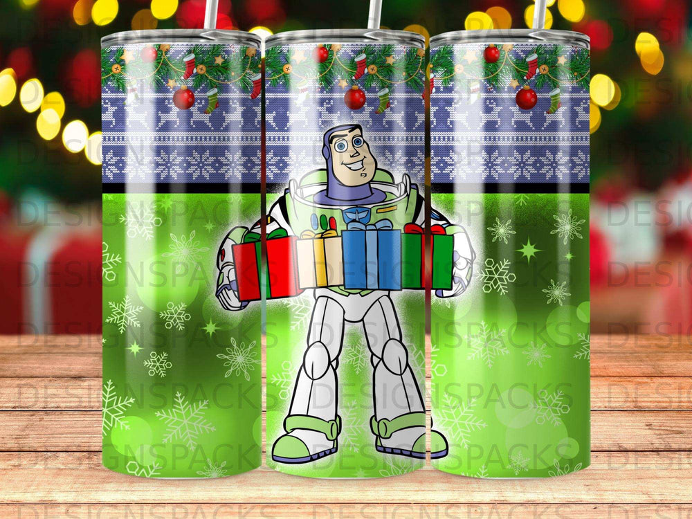 Buzz Lightyear character holding Christmas gifts, on a holiday-themed tumbler.