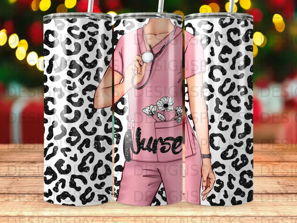 Pink scrubs with leopard print pattern, stethoscope and "Nurse" text.