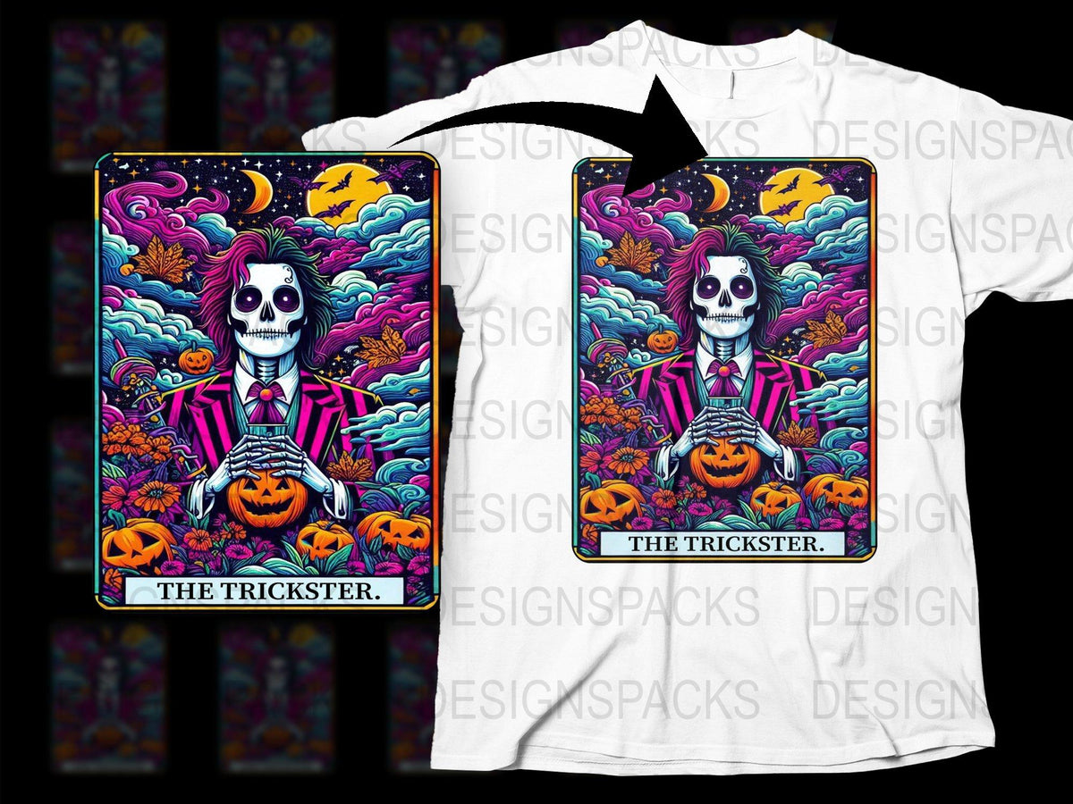 Skeleton Tarot Card T-Shirt, Halloween Graphic Tee, Gothic Punk Apparel, Colorful Spooky Trickster Design, Unisex Fashion