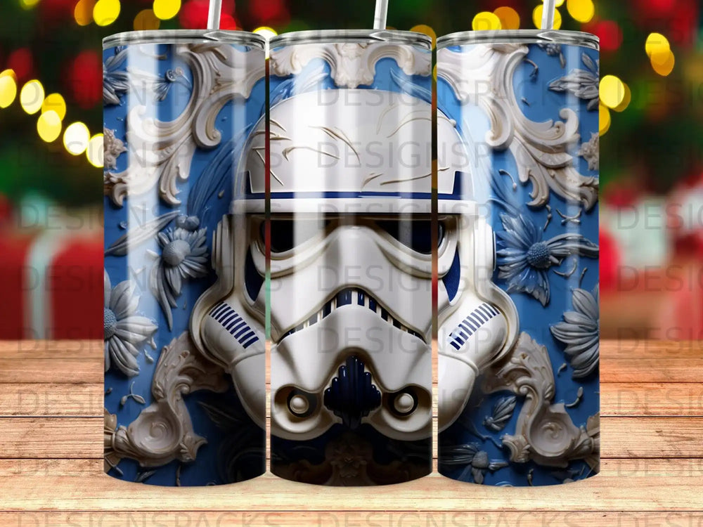 Stormtrooper helmet with ornate blue floral background pattern.