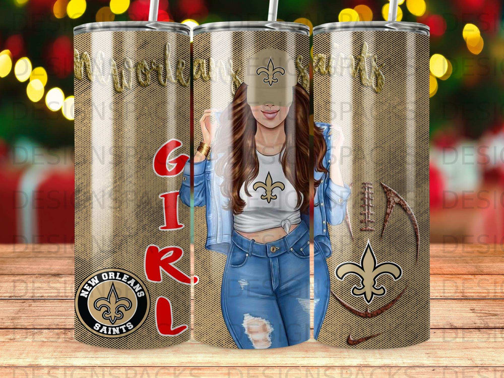 New Orleans Saints tumbler with woman in jeans and denim jacket.