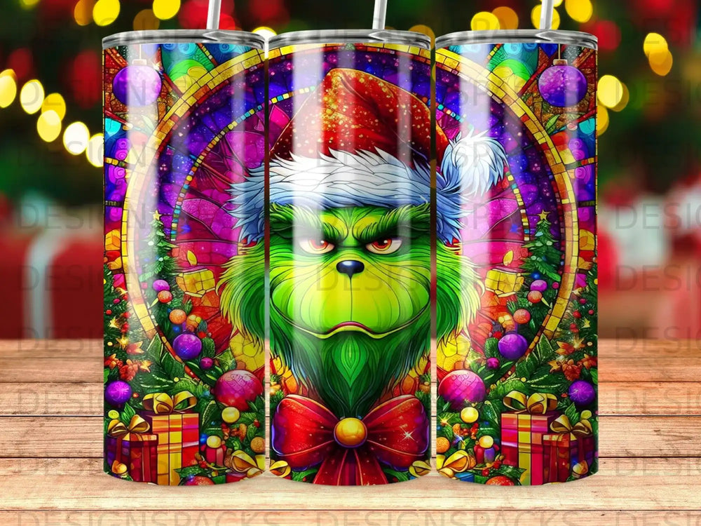 Grinch wearing Santa hat with Christmas ornaments, presents, and stained glass background.