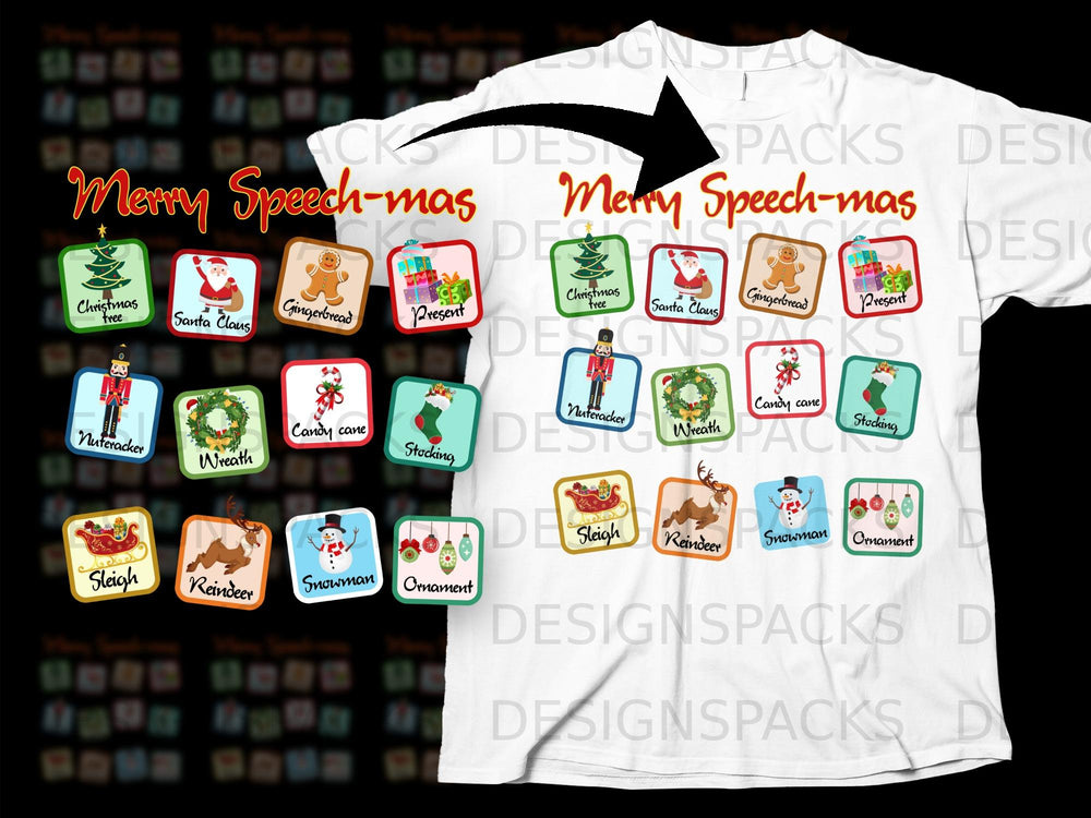 White t-shirt with "Merry Speech-mas" and Christmas icons like Santa, tree, gingerbread, nutcracker, and reindeer.