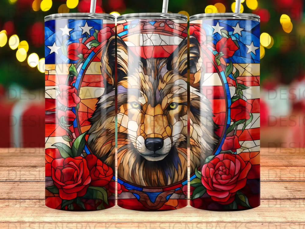 Wolf with American flag stained glass and roses on a cylindrical tumbler.