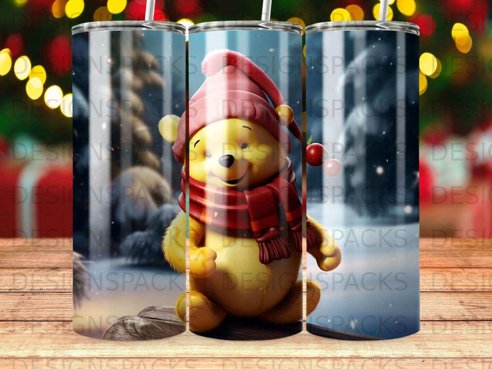 Winnie the Pooh wearing a scarf and hat, centered on a tumbler.