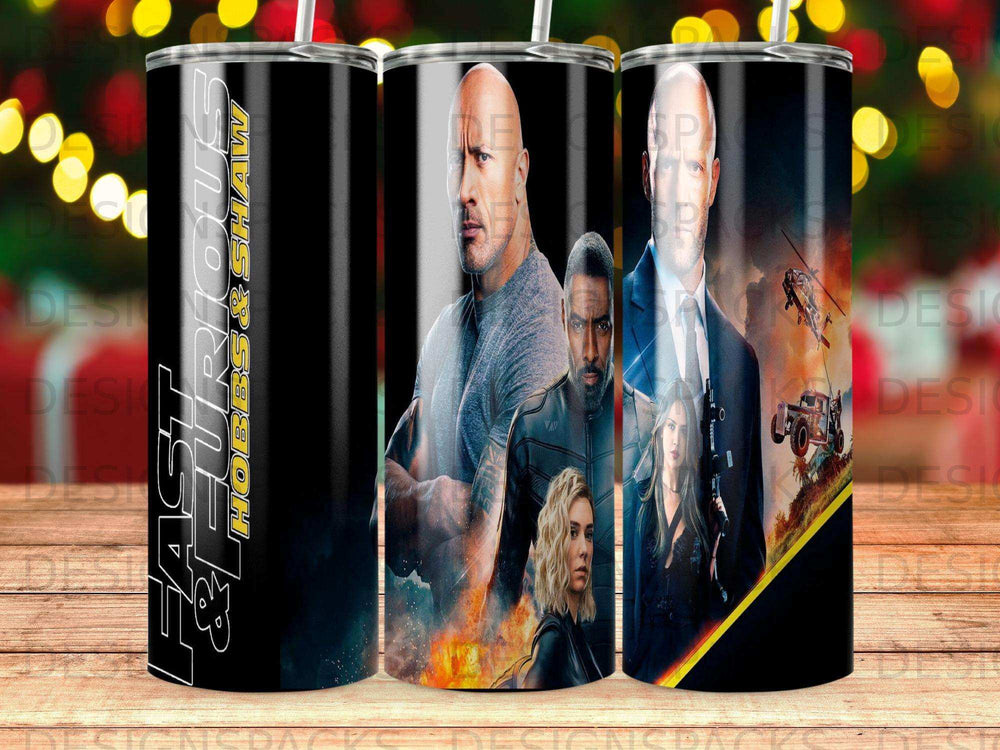 Fast & Furious Hobbs & Shaw movie poster art on a tumbler.