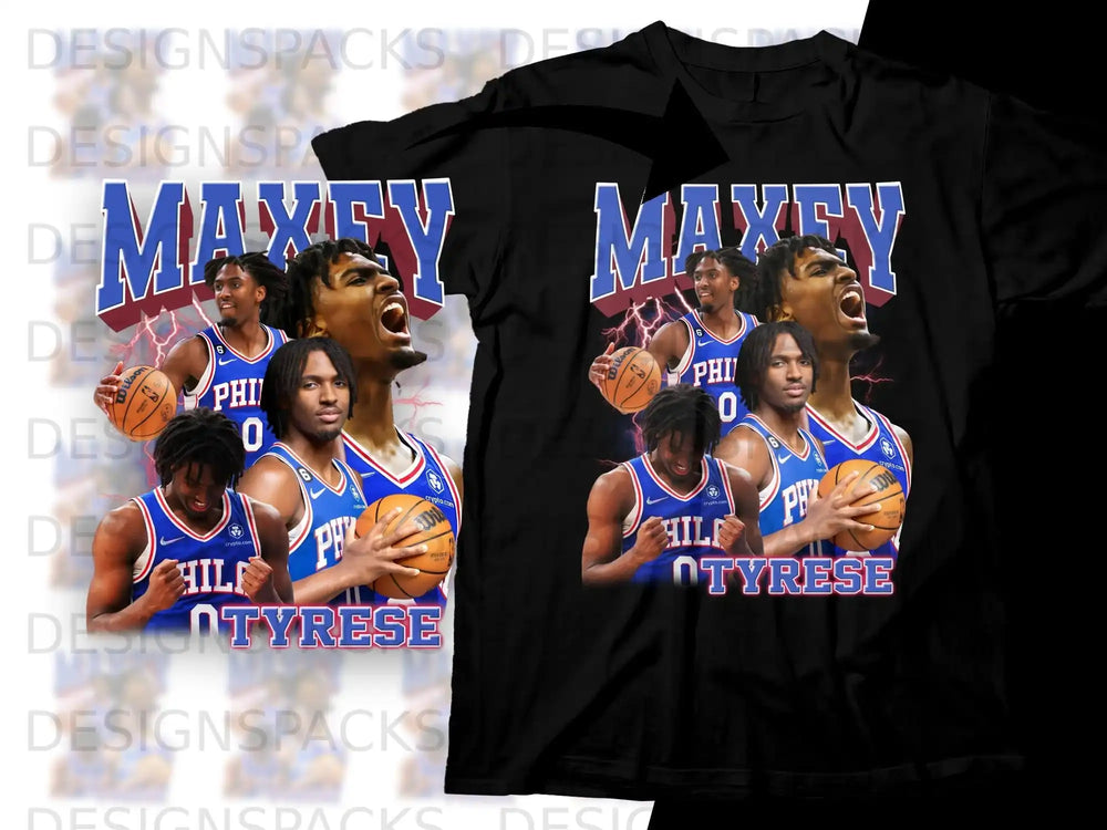 Tyrese Maxey graphic t-shirt with basketball and "MAXEY" text.