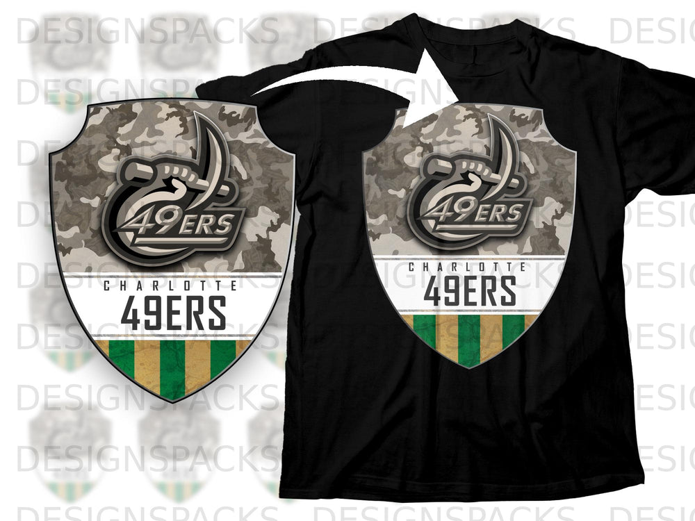 Shield logo with "49ERS" and camouflage, on black t-shirt.