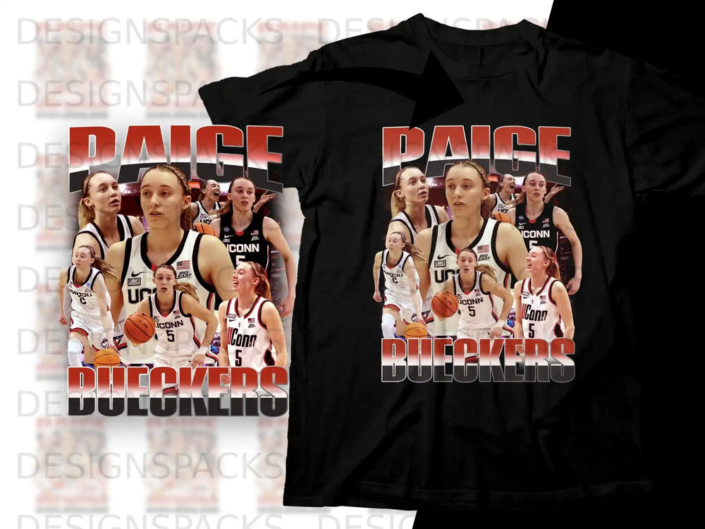 Paige Bueckers graphic tee with player images and "UCONN" text.