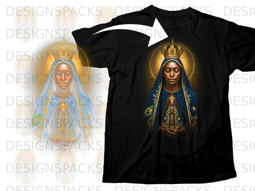 Black t-shirt featuring Our Lady of Aparecida with gold crown and halo.