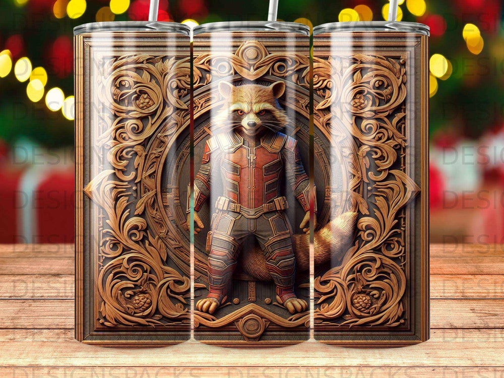 Rocket Raccoon in detailed armor, standing within an ornate circular frame.