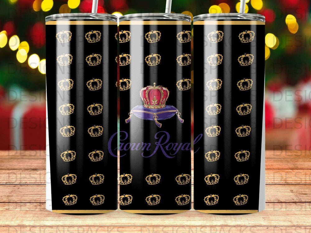 Black tumbler with repeating gold crowns and Crown Royal logo.