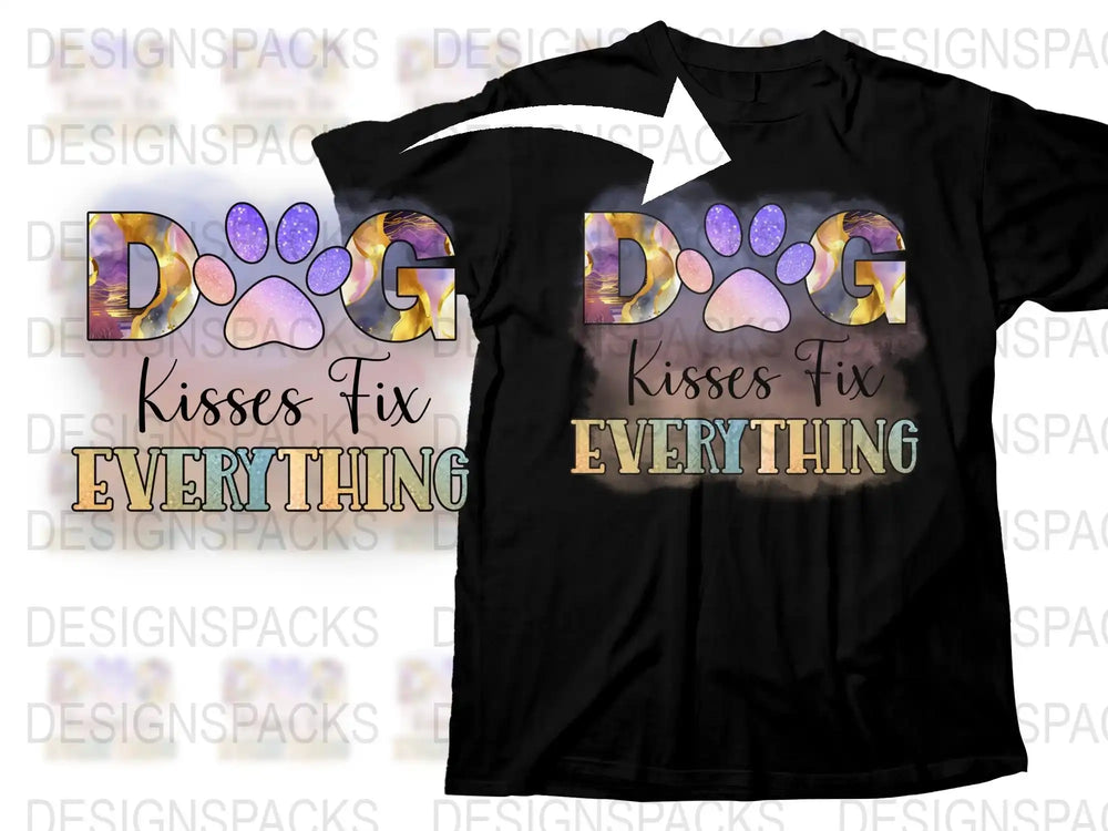 Dog Paw Print T-Shirt, Colorful Kisses Fix Everything Graphic Tee, Unisex Casual Shirt for Pet Lovers