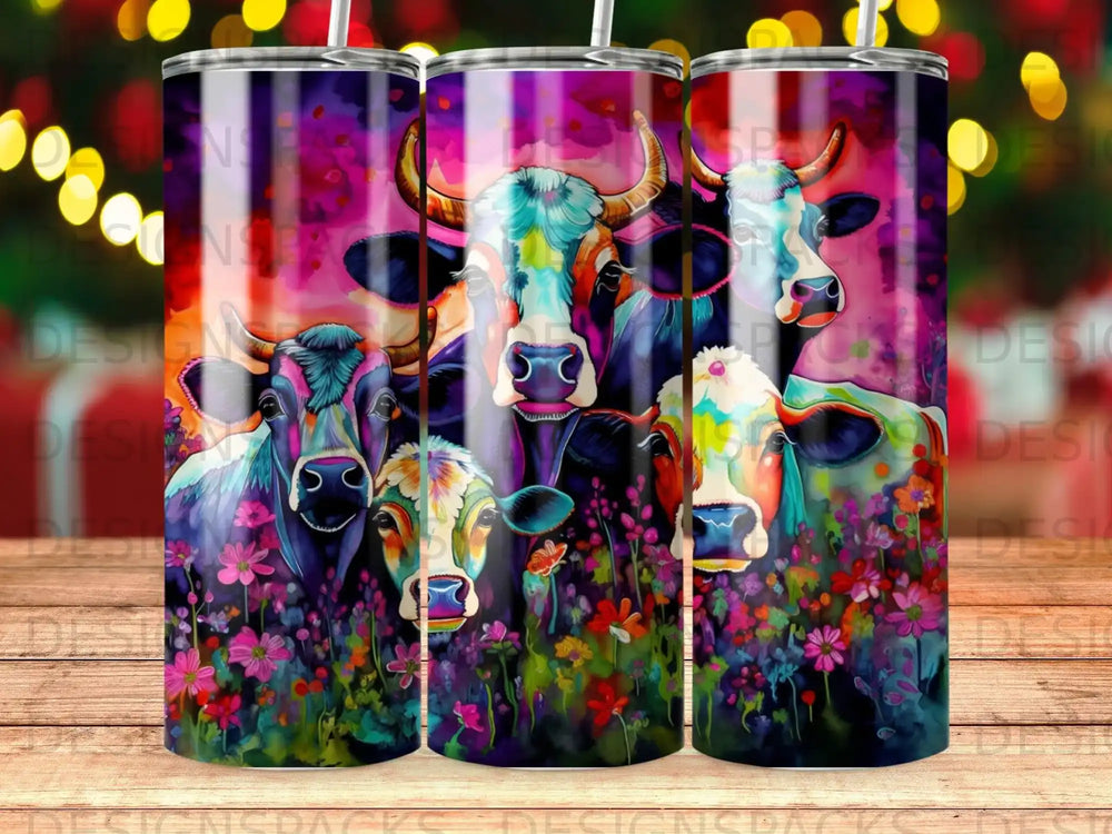 Colorful painted cows and flowers on a cylindrical tumbler.