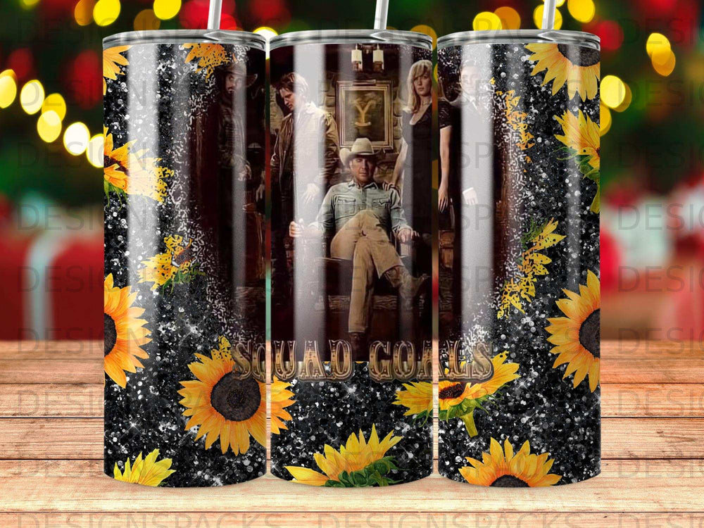 Yellowstone characters and sunflowers on a black glitter tumbler.