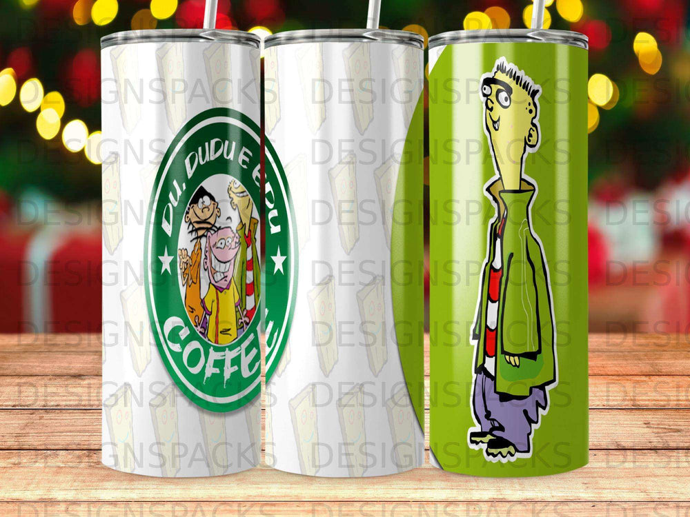 Ed, Edd, and Eddy characters on a green coffee tumbler with a logo.