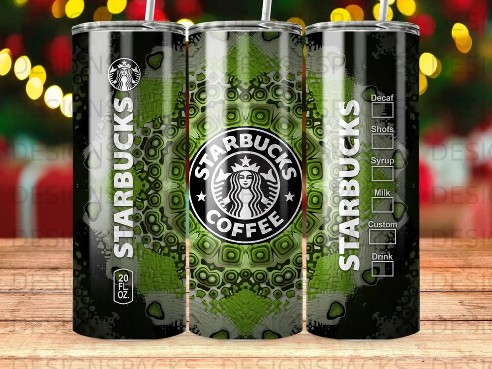 Starbucks tumbler with green geometric pattern and beverage options.