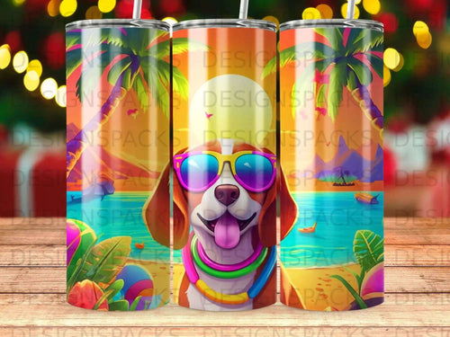 Dog wearing sunglasses and a colorful necklace at the beach.