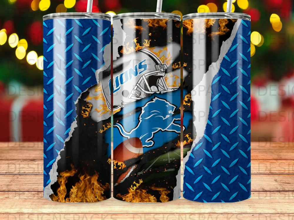 Detroit Lions helmet and football on ripped metal with flames.