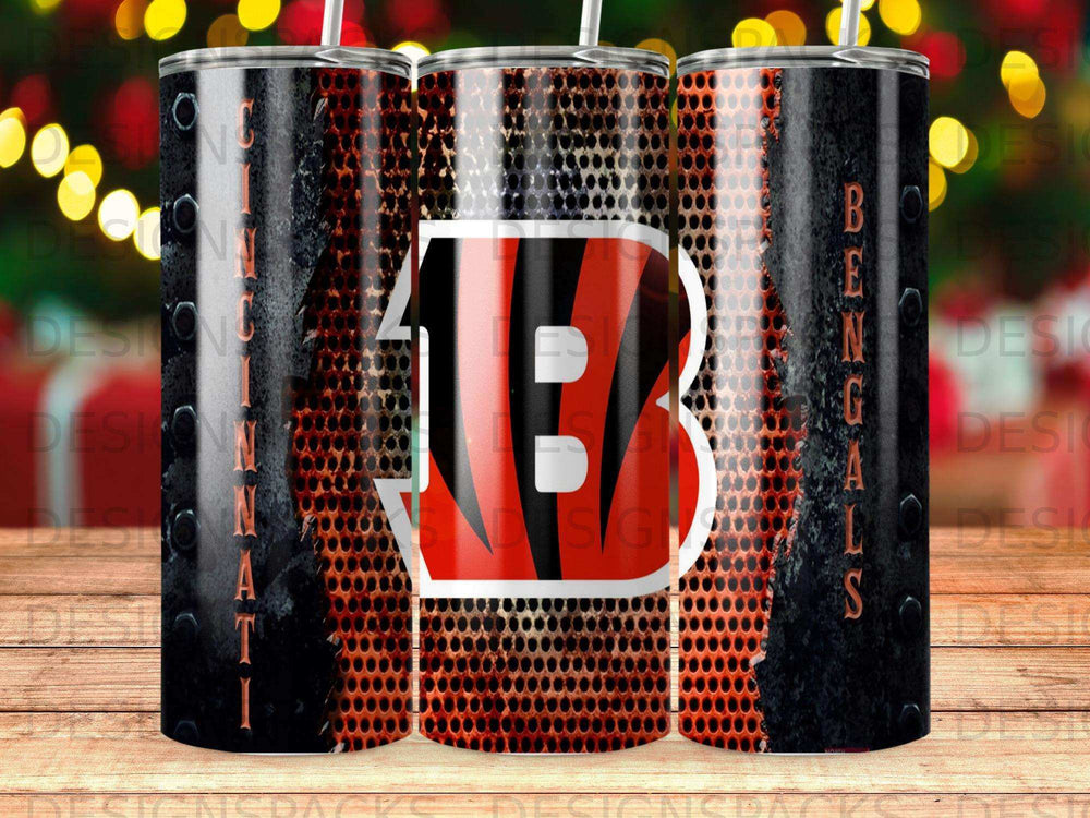 Cincinnati Bengals logo on a textured metallic tumbler.