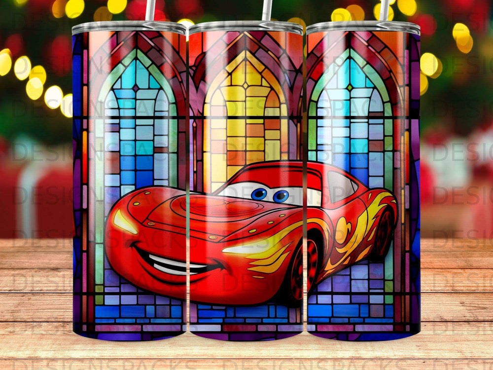 Red race car with stained glass background.
