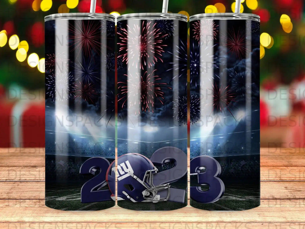New York Giants helmet and "2023" on a stadium background with fireworks.