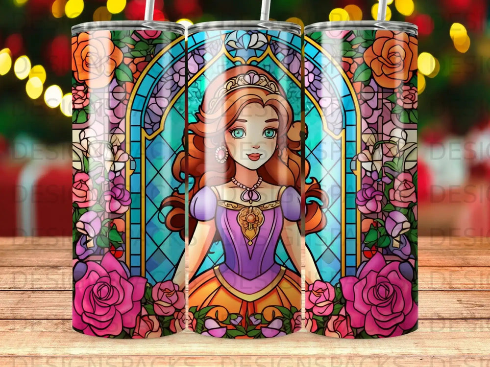Princess in purple dress against stained glass window with roses.