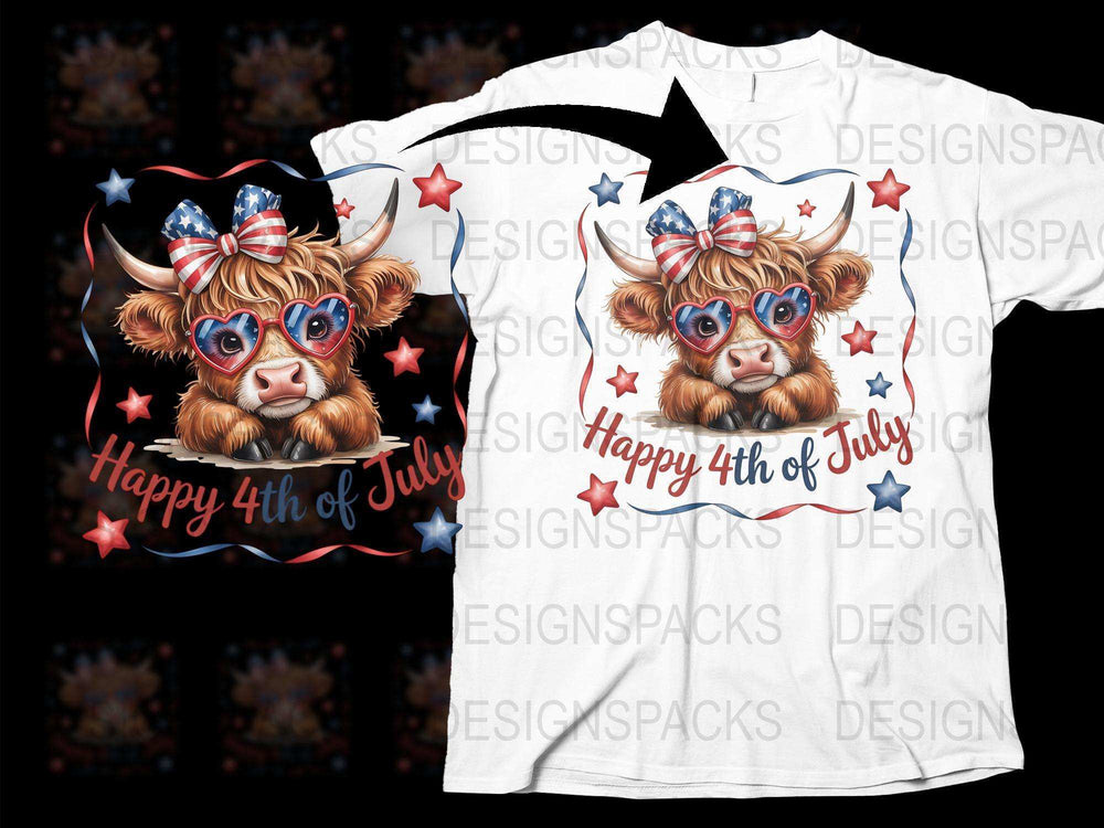 Patriotic Highland Cow T-Shirt, Happy 4th of July, Cute Animal Graphic Tee, Stars and Stripes Design, Unisex Casual Wear