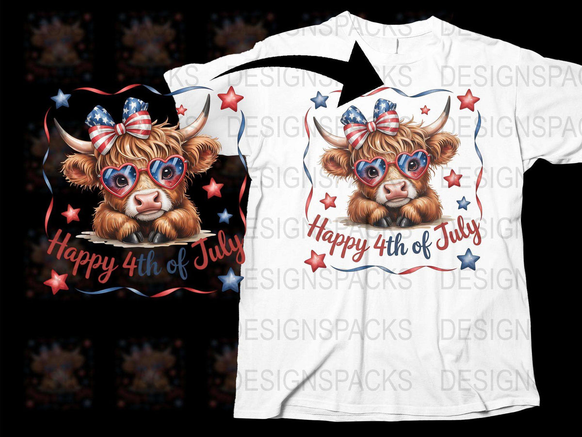 Patriotic Highland Cow T-Shirt, Happy 4th of July, Cute Animal Graphic Tee, Stars and Stripes Design, Unisex Casual Wear