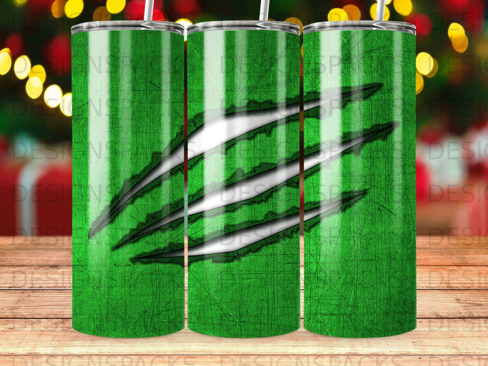 Green tumbler with a claw mark design.