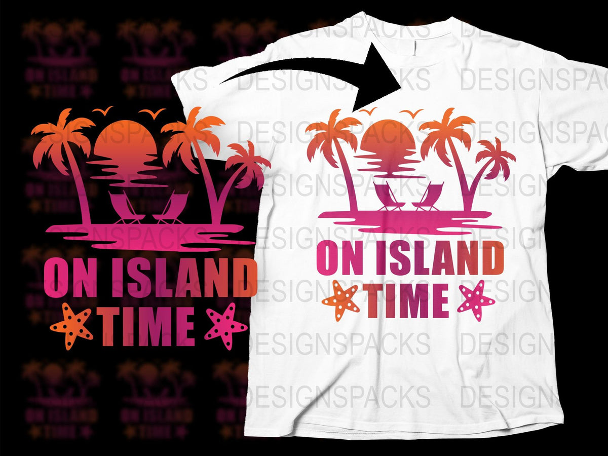 Tropical Palm Tree Graphic T-Shirt, 'On Island Time' Summer Beach Tee, Vibrant Pink and Black Design