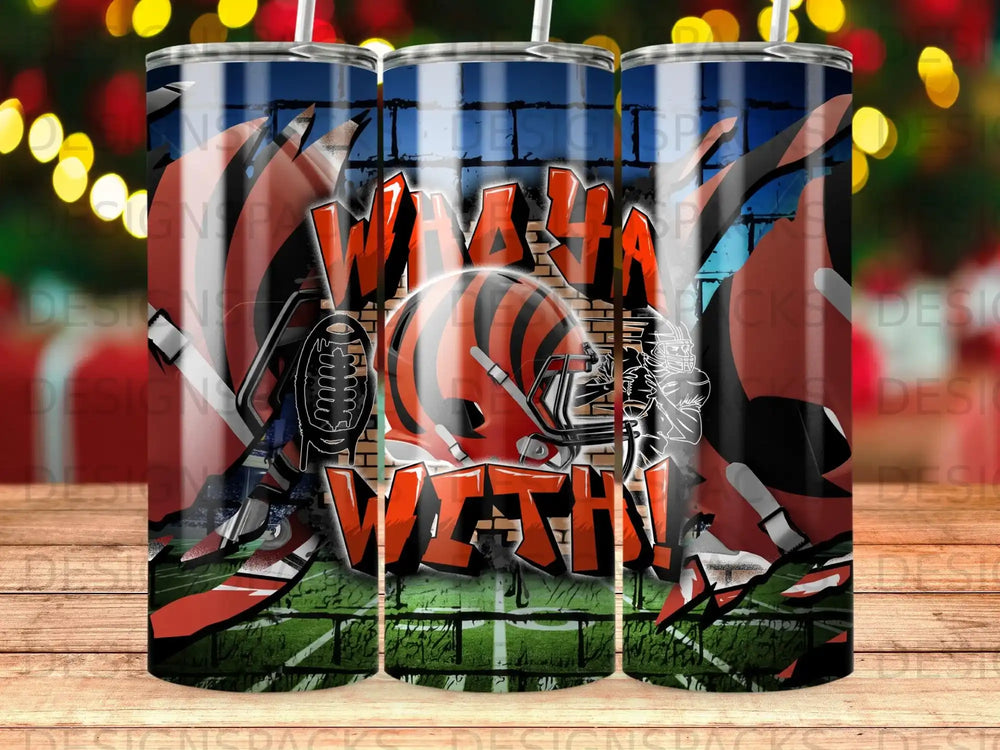 Cincinnati Bengals helmet and "WHO DEY!" text on a stadium-themed tumbler.