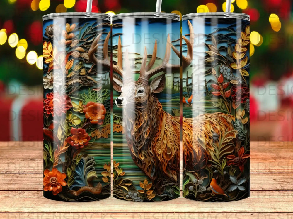 Detailed illustration of a deer amidst vibrant foliage and flowers.