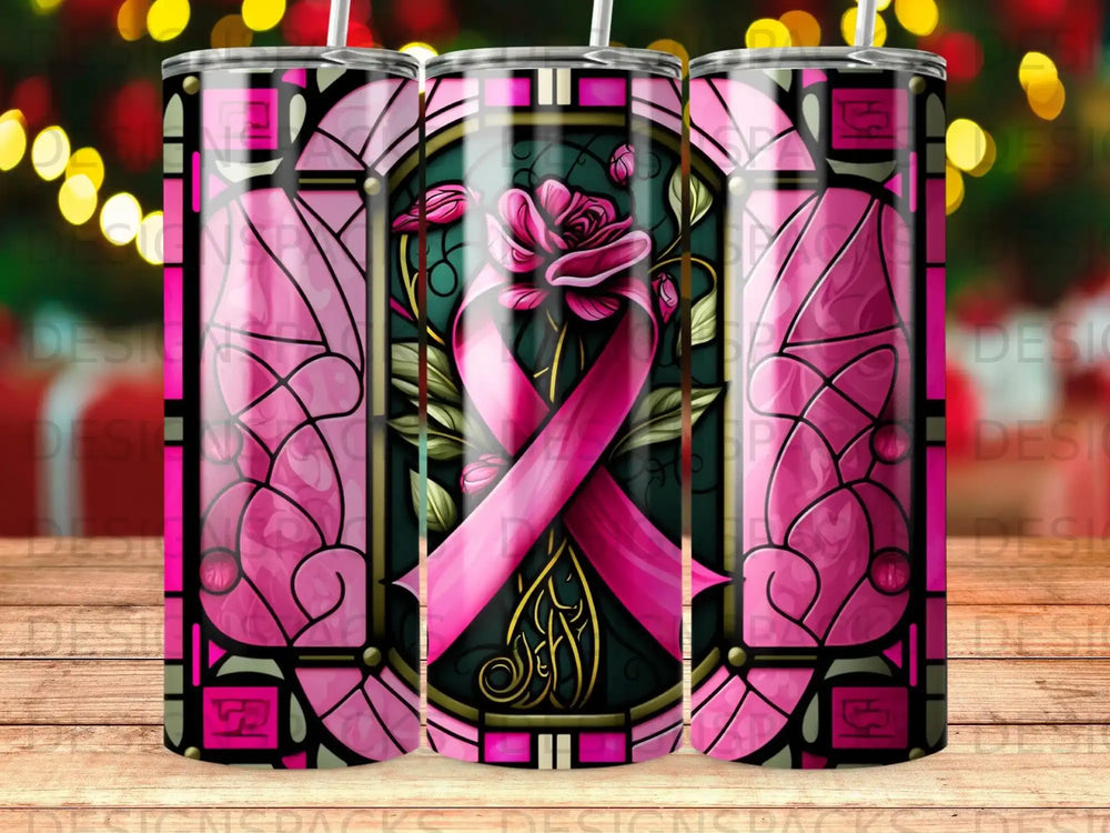 Pink ribbon and rose stained glass tumbler with bokeh background.