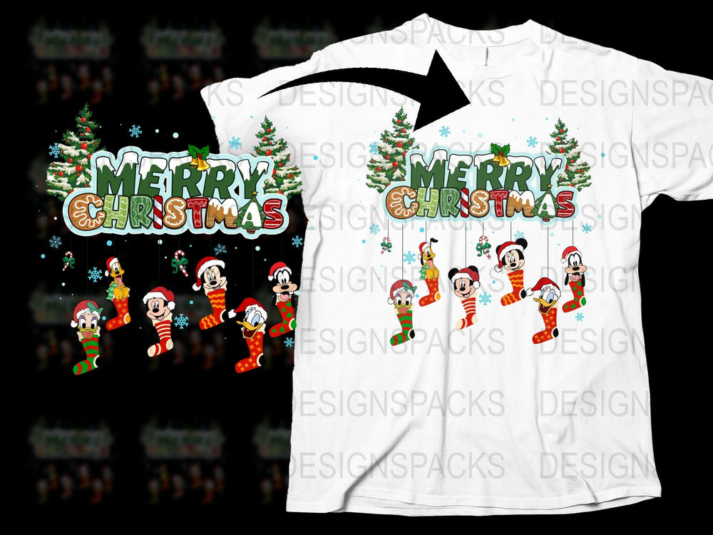 Merry Christmas T-Shirt, Cartoon Characters, Holiday Festive Tee, Family Matching Outfit, Kids and Adults Sizes Available