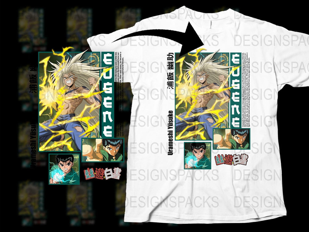 Anime Inspired T-Shirt, Bold Graphic Print, Unisex Manga Character Tee, White Shirt with Lightning Design