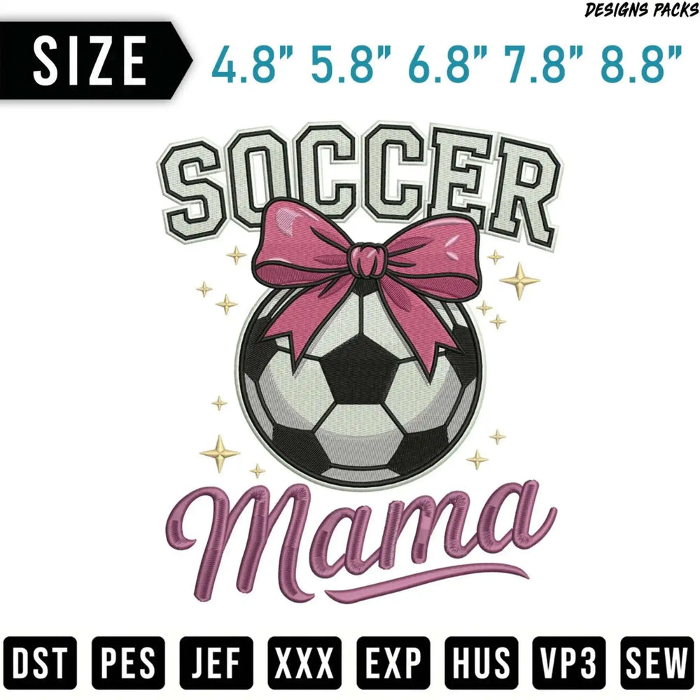 Soccer ball with pink bow and "Mama" text, embroidery file formats listed.