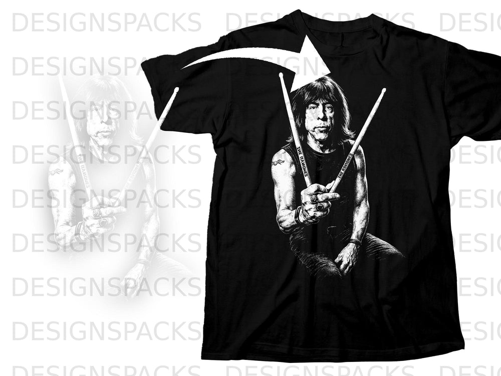 Black t-shirt with black and white graphic of a drummer holding drumsticks.