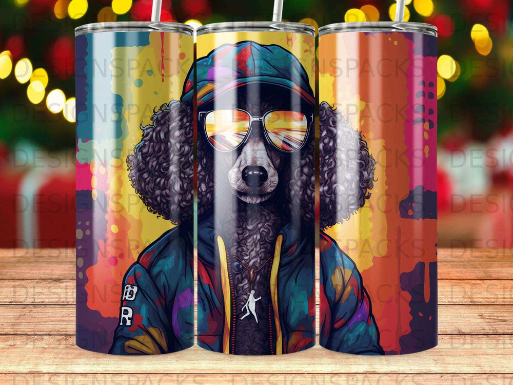 Poodle wearing sunglasses and a colorful jacket, on a tumbler.