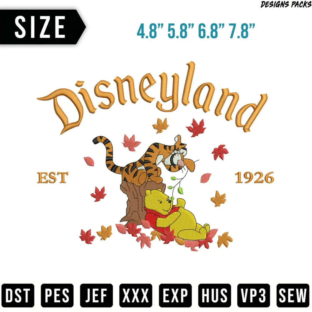 Disneyland EST 1926 embroidered design featuring Pooh and Tigger with leaves.