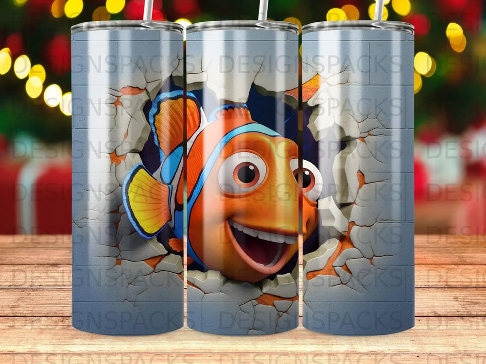 Nemo the clownfish peeking through a cracked grey wall.