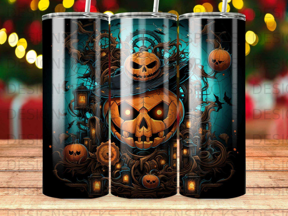 Halloween tumbler with grinning jack-o'-lantern and spooky forest scene.