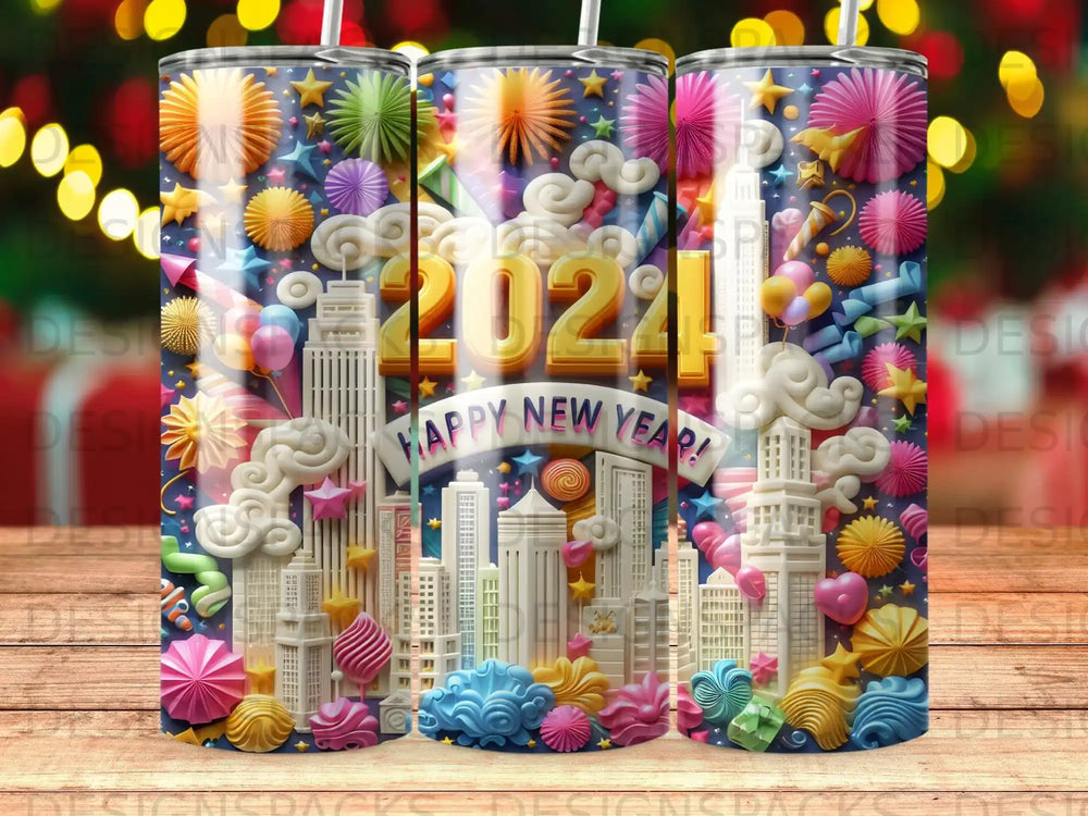 2024 Happy New Year city skyline with colorful decorations and confetti.