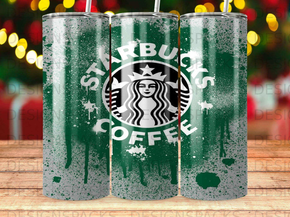 Starbucks Coffee tumbler with green distressed splatter design.