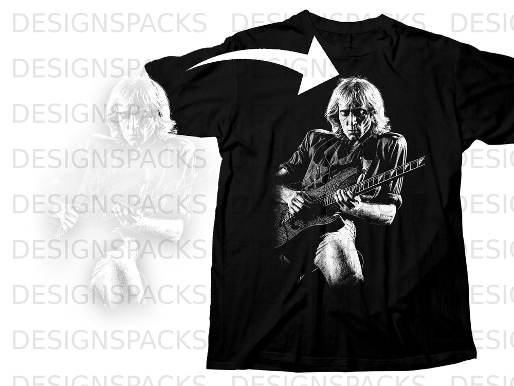 Black t-shirt with a white graphic of a man playing a guitar.