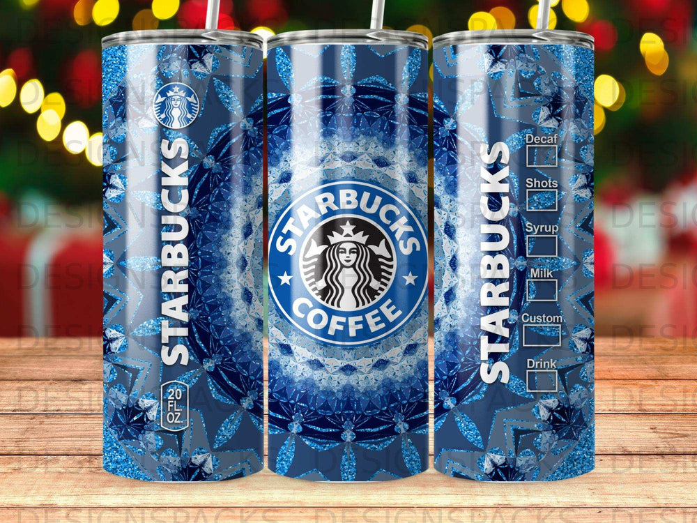 Starbucks coffee tumbler with blue geometric pattern and drink options listed.
