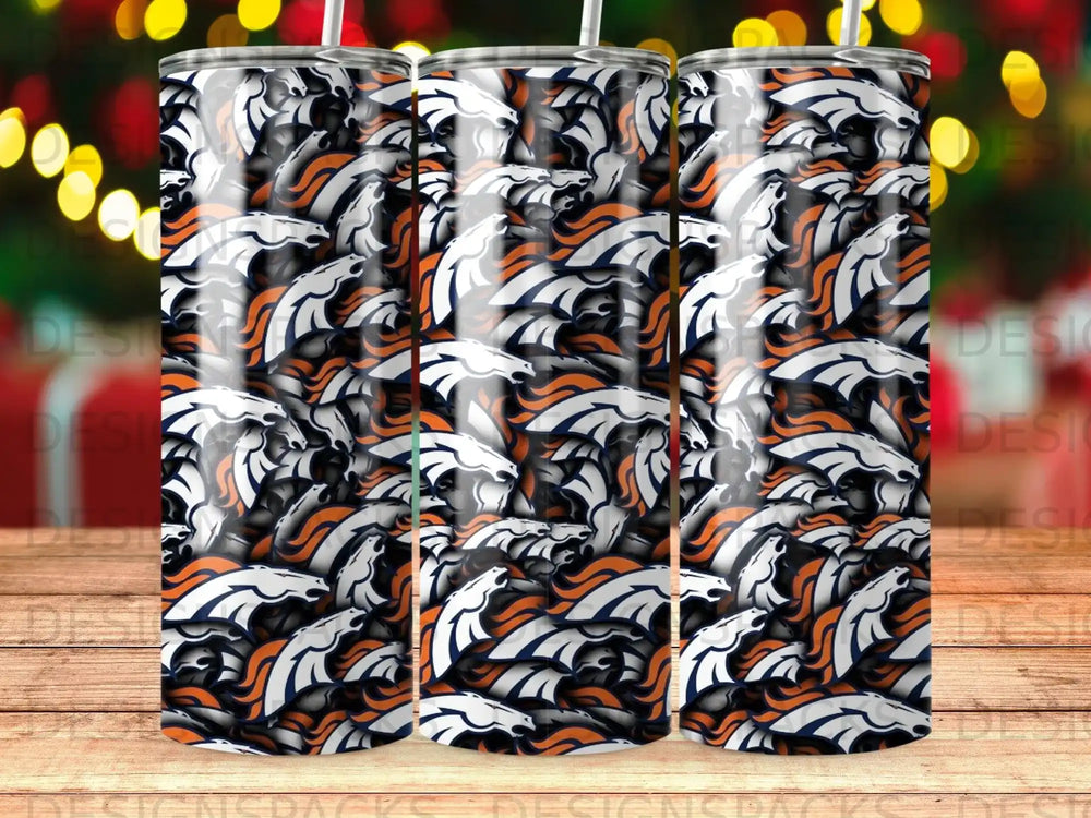Denver Broncos logo pattern on a tumbler.