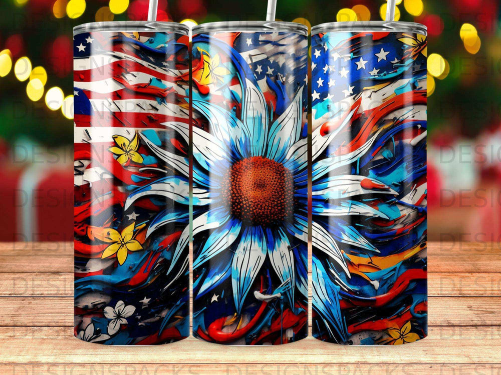 Sunflower design with American flag pattern on a tumbler.