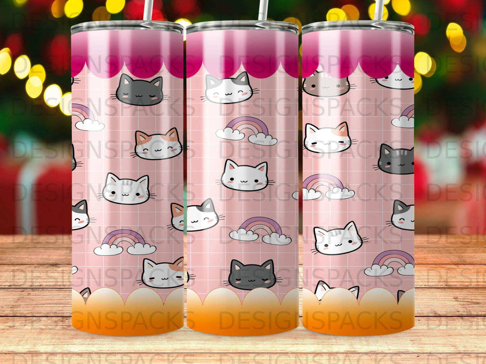 Pink tumbler with cartoon cats and clouds, "Designspacks" watermark.
